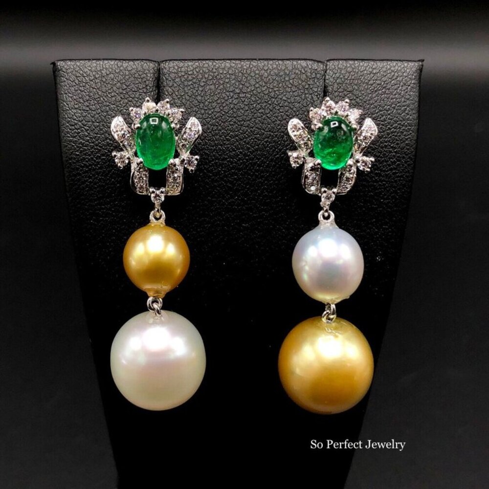 Emerald and South see pearl dangling earrings